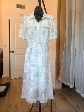 White Newspaper Print Shirt Dress